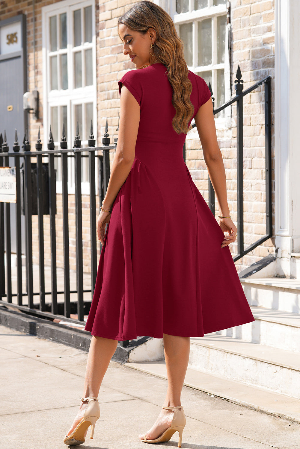 Solid V-Neck Pleated Flared Midi Dress