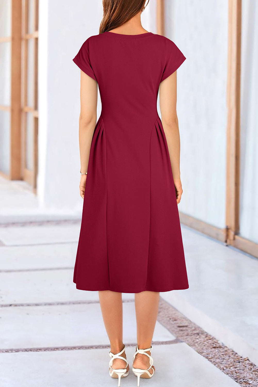Solid V-Neck Pleated Flared Midi Dress