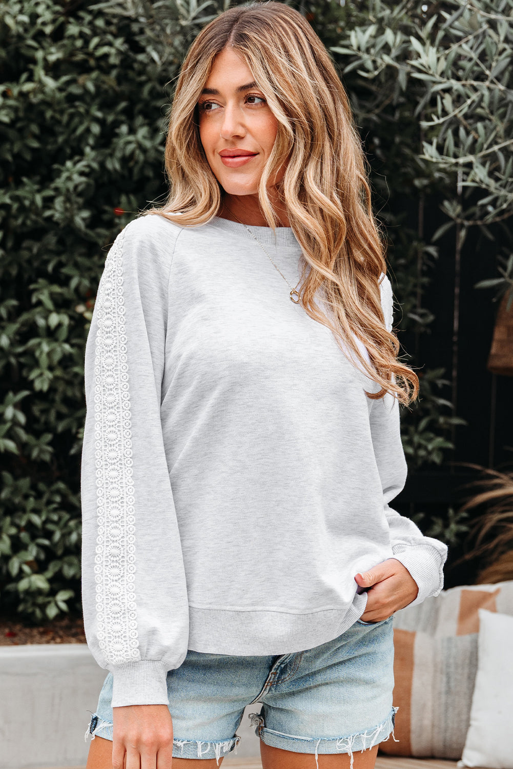 Peyton Lace Patchwork Raglan Sleeve Crew Neck Sweatshirt